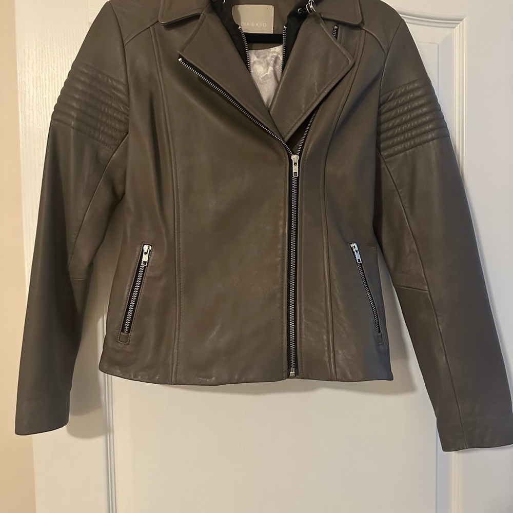 Soia & Kyo Olive Leather Moto Jacket with Quilted Shoulders